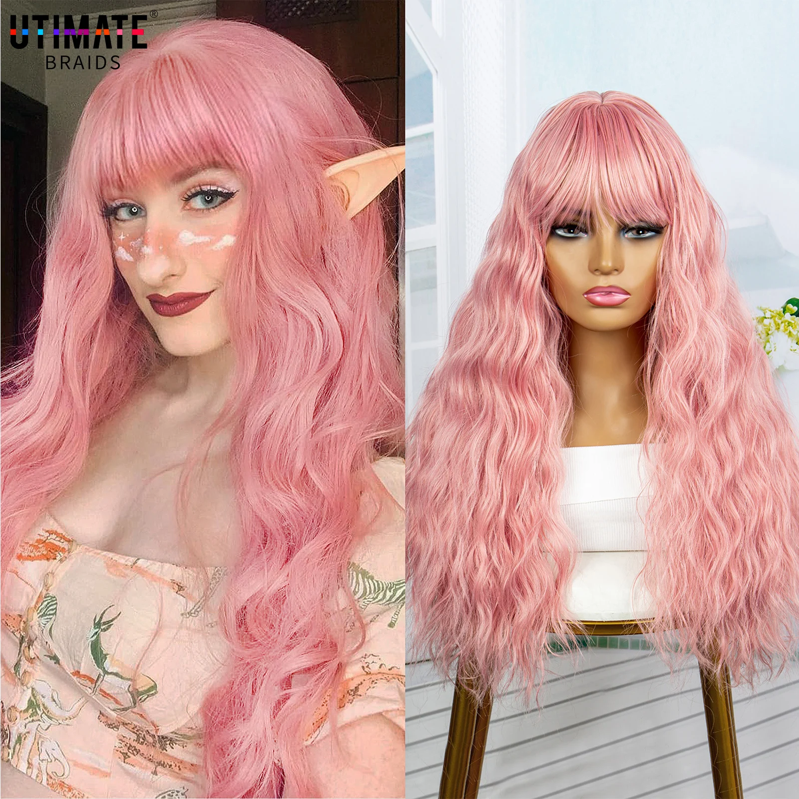 24 Inch Synthetic Wigs Cosplay Wigs for Women Pink Synthetic Hair Wig with Bangs Water Wave Pink Wigs