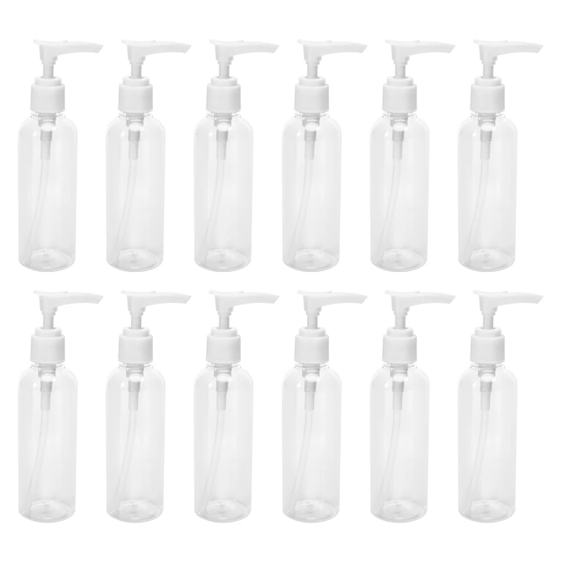 AT17 Confezione da 12 bottiglie da viaggio trasparenti da 3,4 Oz/100 ml Bottiglia con pompa Bottiglia dispenser per lozione per acqua, olio da massaggio, shampoo