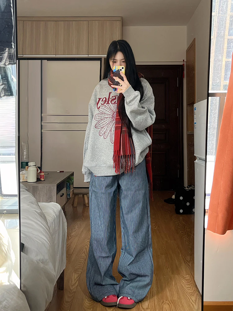 

Свободные женские рабочие джинсовые брюки с высокой талией и широкими штанинами, весна-осень, новый дизайн, эффектные, струящиеся, черно-белые полосы