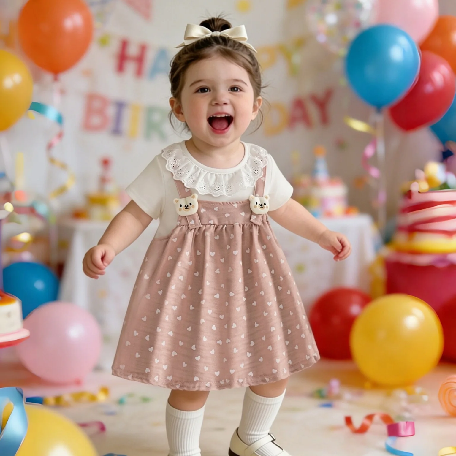 6 Months - 2 Years Summer New Baby Girl Dress Sweet Bear Heart Print Soft Comfortable Daily Outdoor Wear Baby Clothing