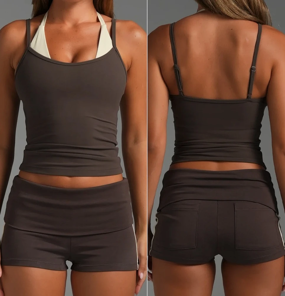 SW 2026 Women Fake Two‑Piece Contrast Color Yoga Tank Top Adjustable Thin Straps Nude Feel High Stretch Gym Pilates Cami Top