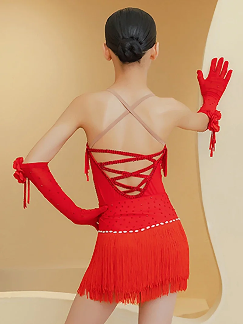 Children 3D Flower Spaghetti Strap Tassels Latin Dance Practice Dress Kids Girls Rumba Chacha Performance Competition Costume