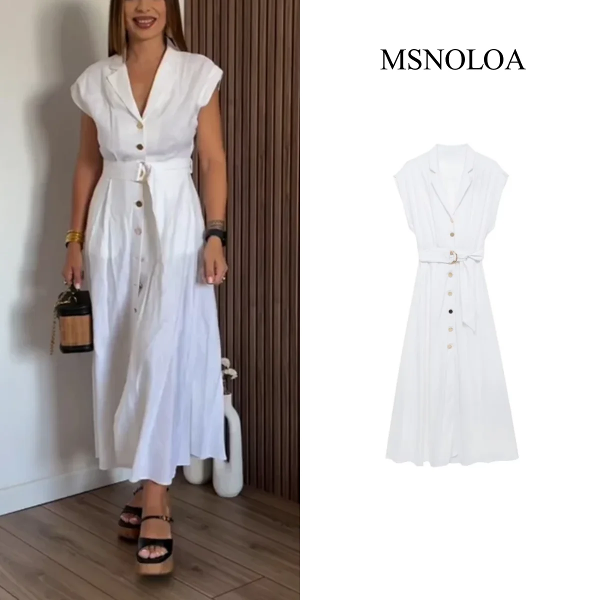 

MSNOLOA Pleated Shirt Dress Women BeltChiffon MidiDresses for Woman Long Sleeve Office Female Dress Summer 2024 Long Dress Woman