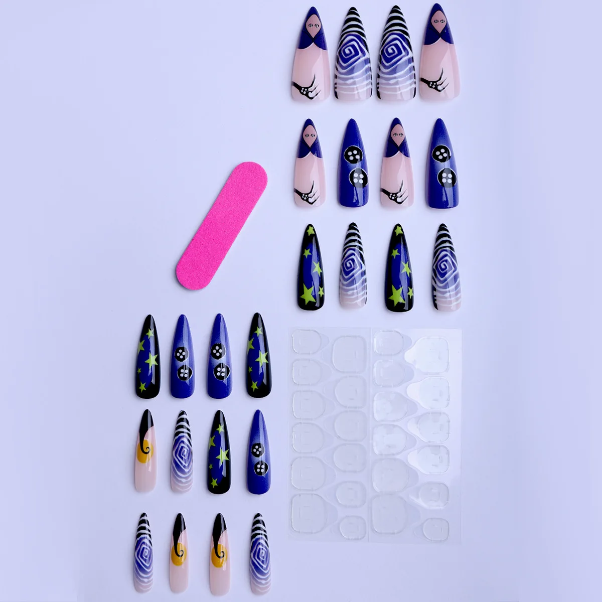 24 Stück Spirale Streifen Muster Press On Nails Stern Kürbis Laterne Halloween Elemants Falscher Nagel Blau Französischer Stil Mandel Fake Nail – Detail 4