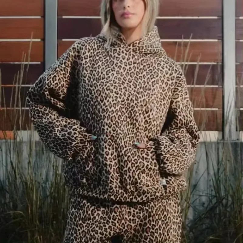 Leopard Print Hoodies Women Y2k Streetwear Hip Hop Oversize Harajuku Cheetah Print Hooded Sweatshirt Vintage Autumn