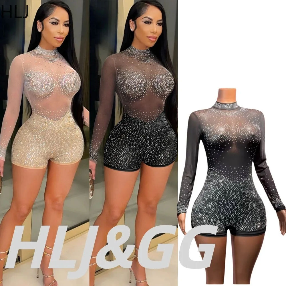 HLJ Women Sexy Rhinestone Sheer Mesh Romper Long Sleeve See Through Bodycon Short Jumpsuit Sparkly Clubwear Party Night OutfitS