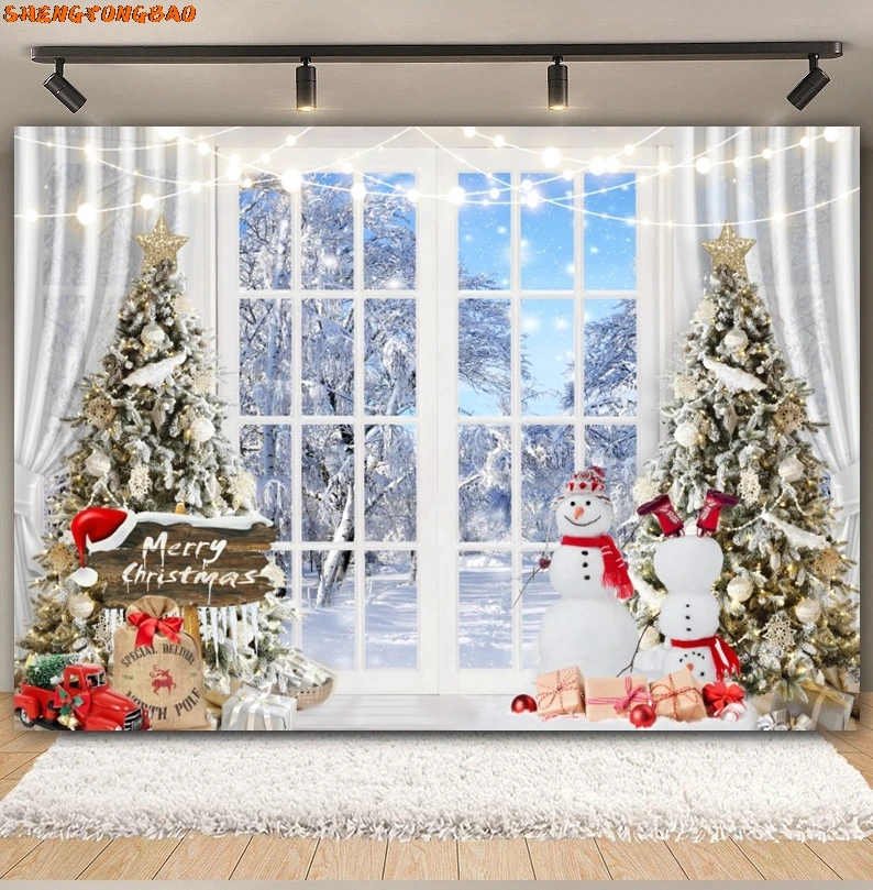 Christmas Photography Backdrops Xmas Tree  Window Fireplace Children Birthday Kids Portrait Background Decor Photo Studio Props