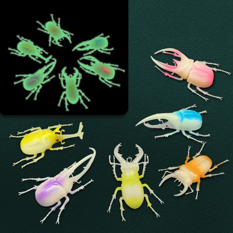 6Pcs Beetle Model Glow in the Dark Insect One horned Immortal Insect Colorful Beetle Simulation Model Children's CognitionToy