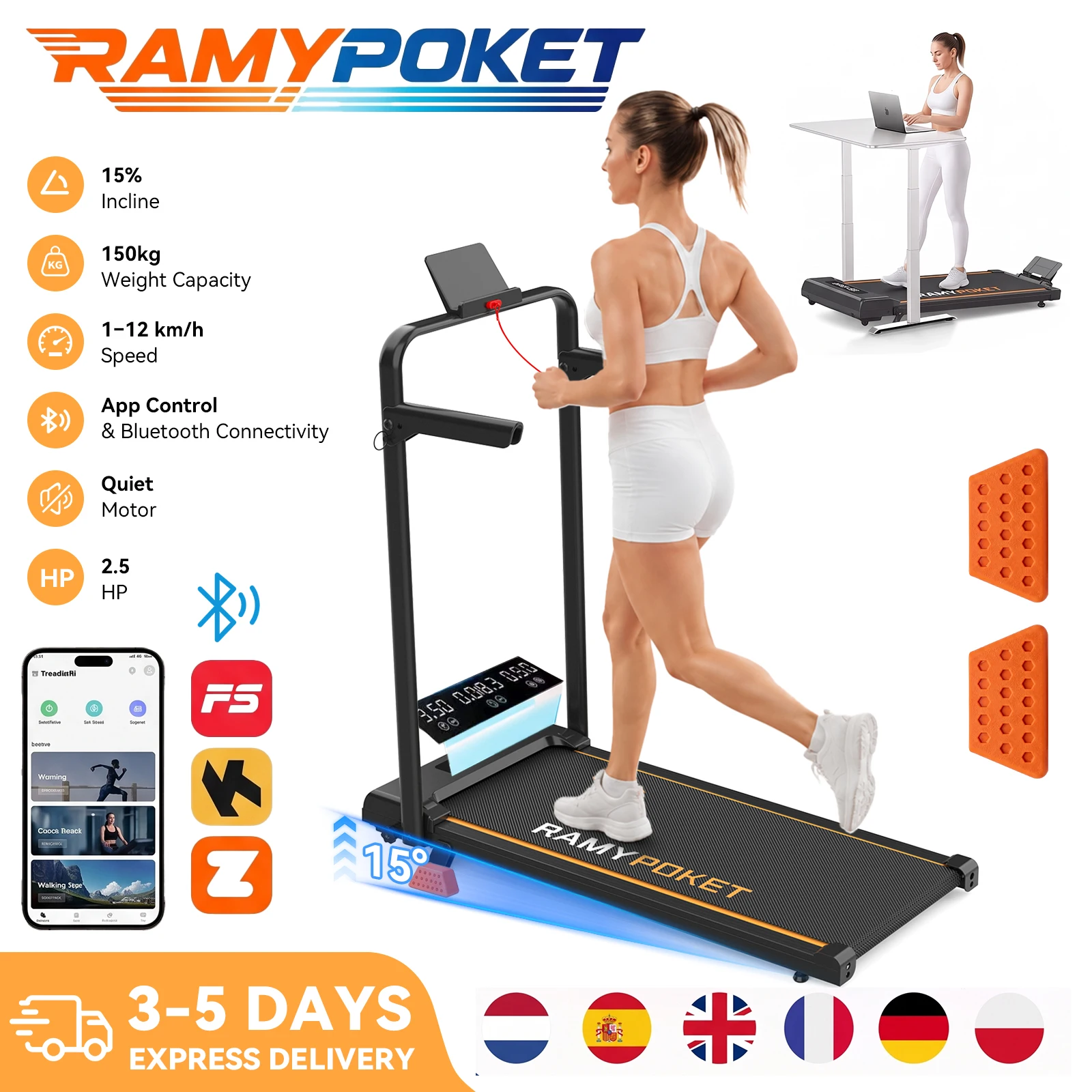 RAMYPOKET Opvouwbare Loopband met Helling 15%, Loopband 12 km/u, App/LED, Loopband voor op het Bureau, max. belasting 150 kg