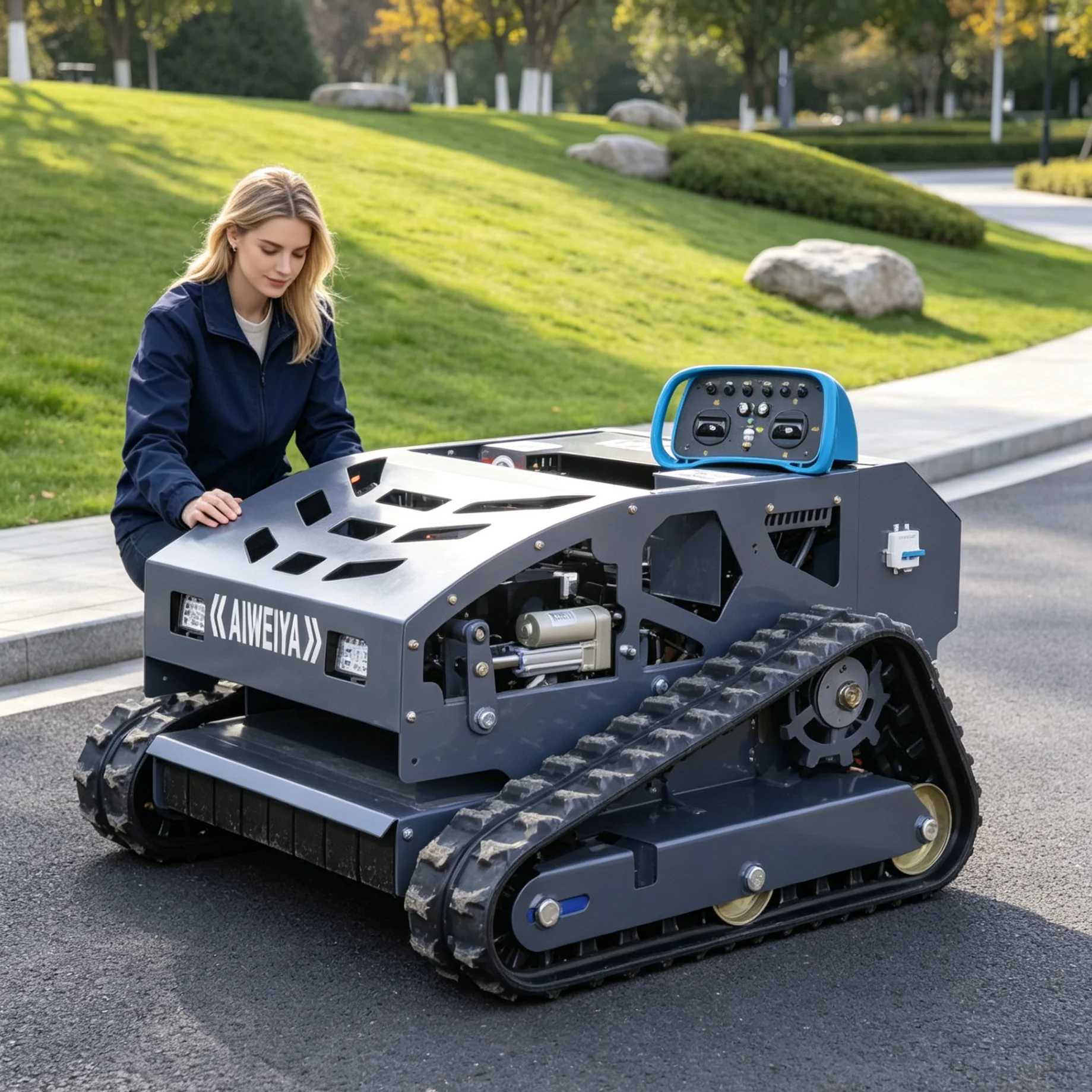 Customized 550H multi‑functional remote lawn mower with adjustable cutting height, adapts complex terrain of hillside farms