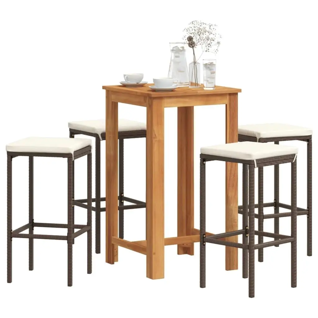 5-Piece Patio Bar Set - Solid Acacia Wood & Brown Poly Rattan Outdoor Furniture