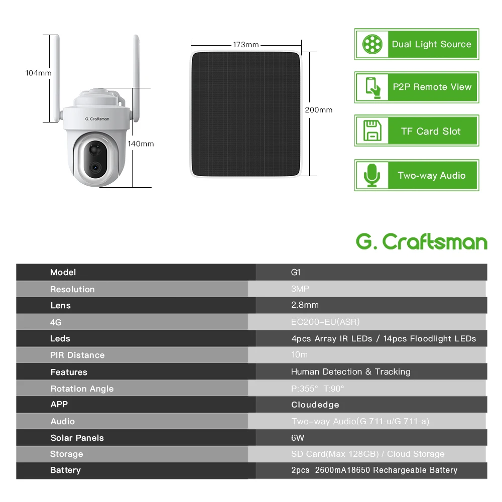 Imagem -02 - Câmera G.craftsman g1 Alimentada por Bateria Solar 4g Visão Noturna 3mp Cartão Sim Segurança sem Fio Ptz Cctv Externa com Cloudedge