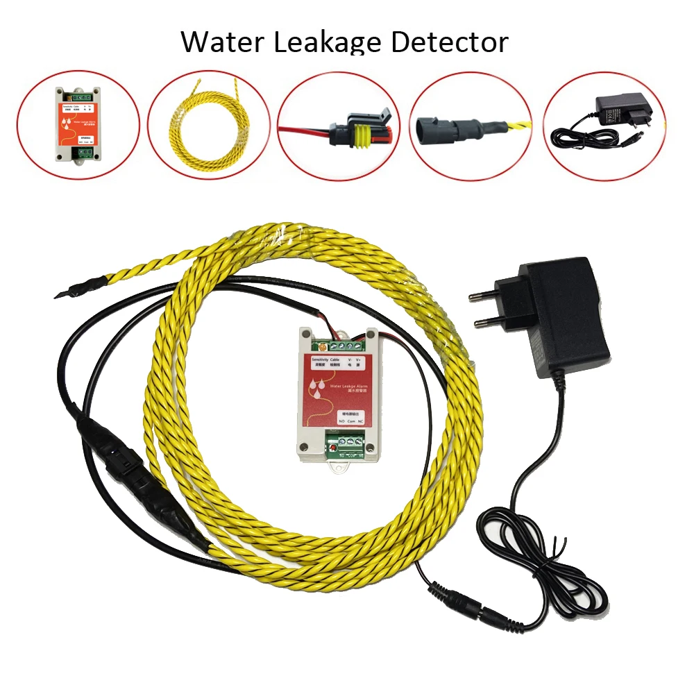 1 Juego de Detector de fugas de agua con Cable de detección de líquido Sensor de alarma de fugas de agua NC/sin salida de relé para detección de fugas de almacén