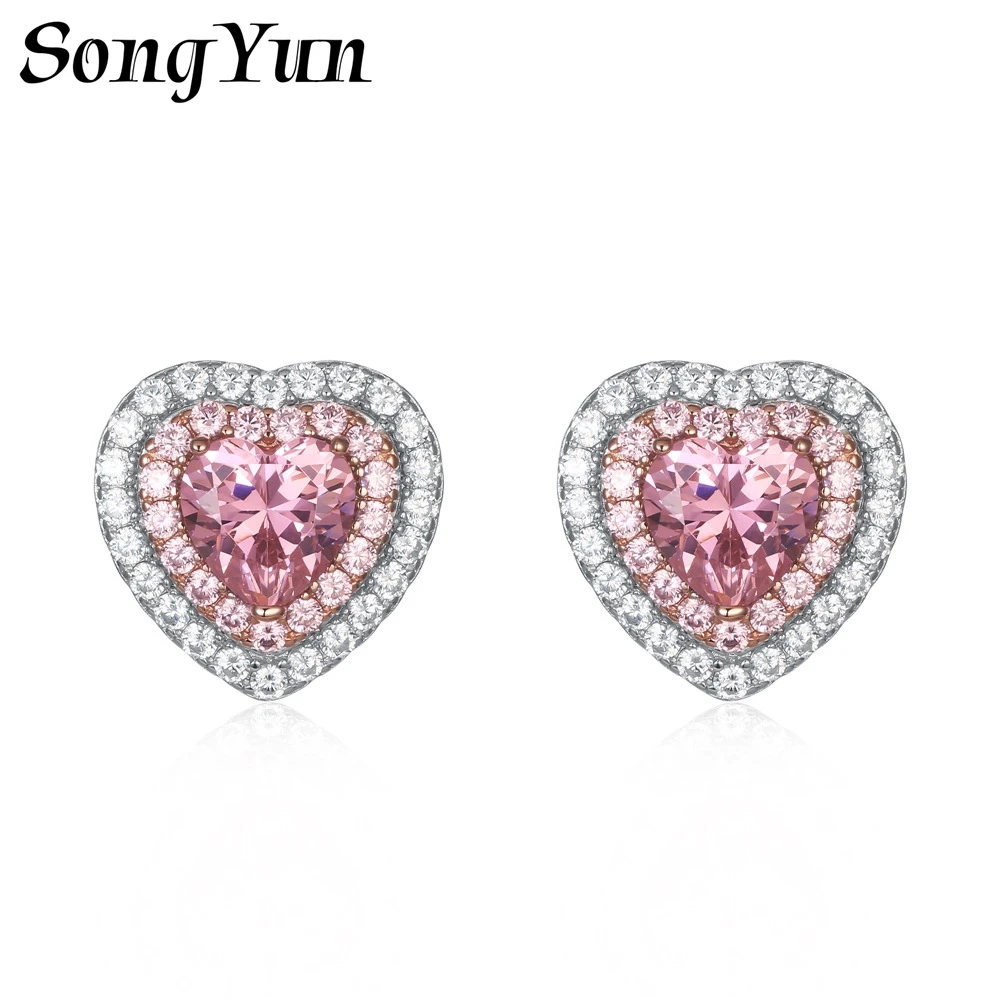 SONGYUN High Carbon Gemstones Jewelry 925 Sterling Silver Pink‑Diamond Heart‑Shaped Stud Earrings For Women,Two‑Tone Gold‑Plated