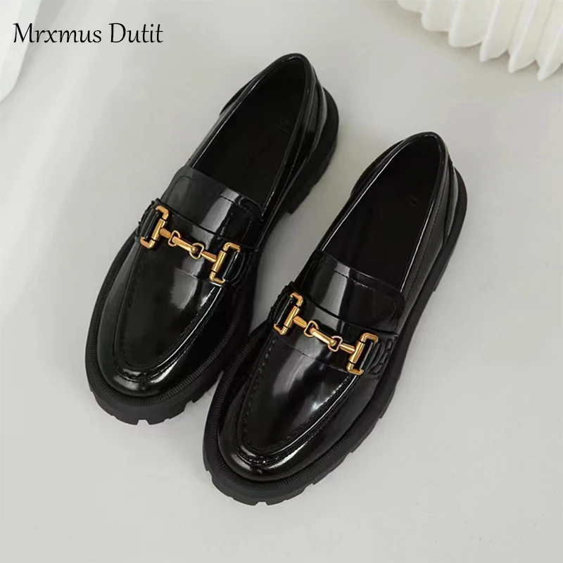 Mrxmus Dutit 2022 New Women Genuine Leather Round Head Thick Loafer Shallow Black Wild Casual Simple Slip-on Shoes Female Chic