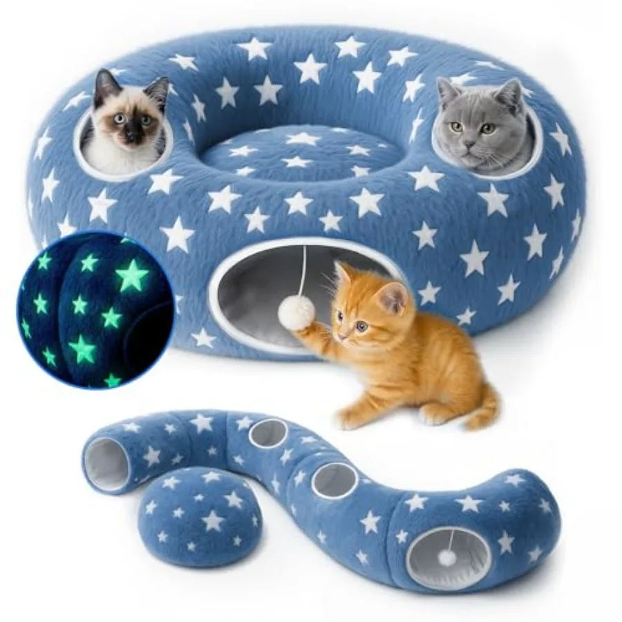 

Трансформируемый туннель-лежанка для кошек, пещера для питомцев с круглой подушкой, светящаяся игрушка-туннель в форме пончика для котят, щенков, кроликов Starry B