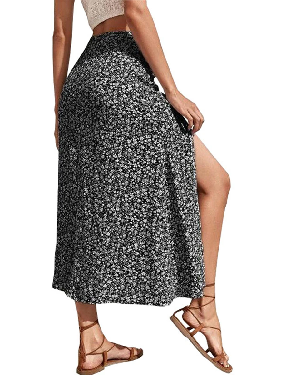 Women s Floral Print Midi Skirts Mid Waist Side Slit Skirts Spring Summer Fashion Casual A-line Skirts