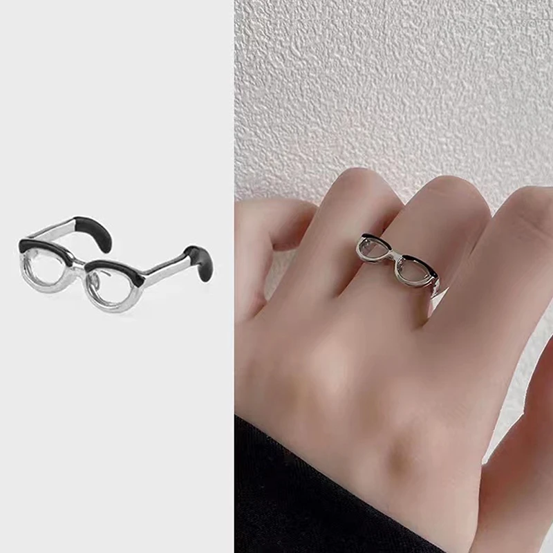 Personality Niche Cute Small Eyeglasses Open Ring For Women Men Funny Retro Adjustable Mini Eyewear Finger Rings Jewelry