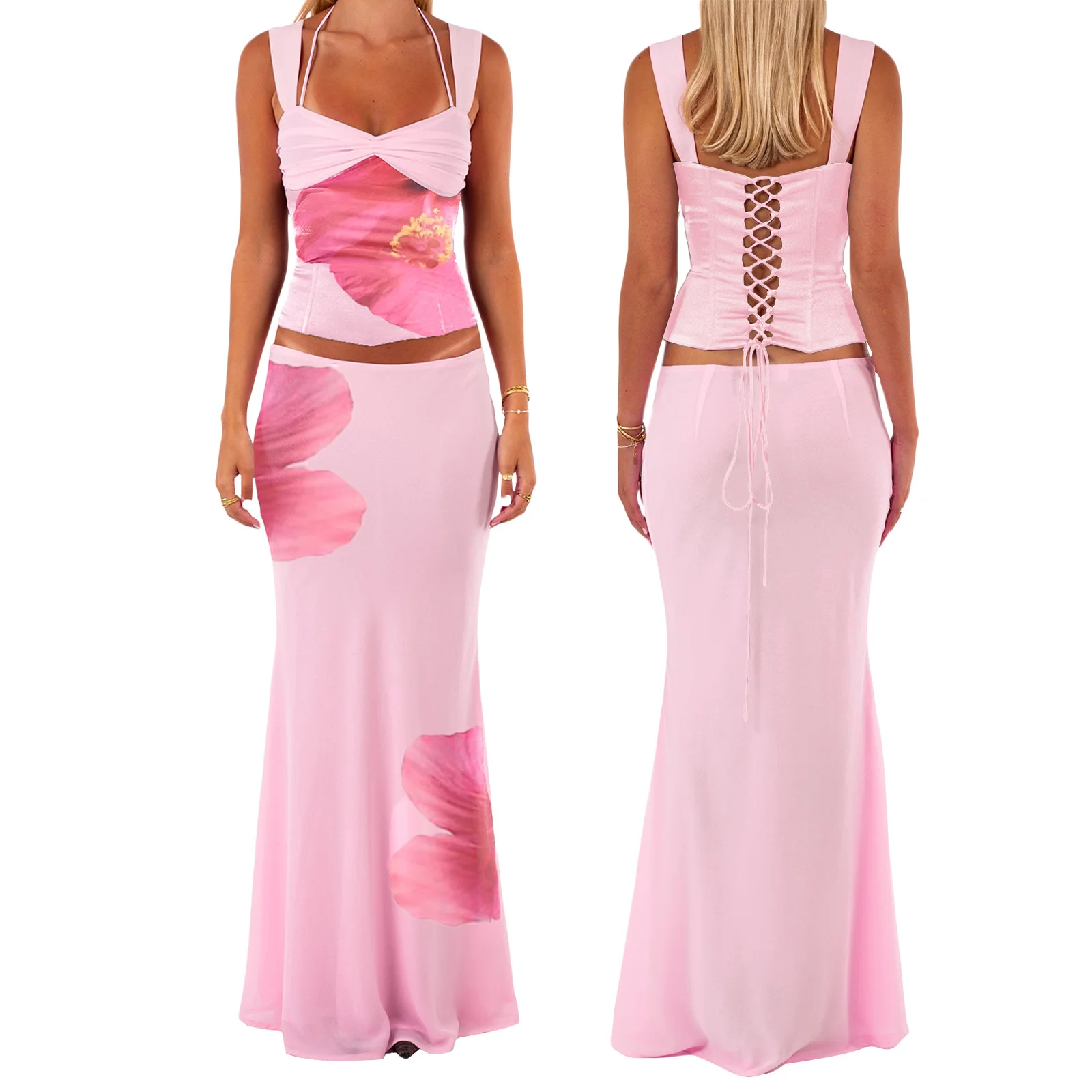 

Combhasaki Women 2Piece Summer Contrast Color/Floral Outfits Set Tie up Ruched Back Cross Lace-up Corset Top+Mermaid Long Skirt