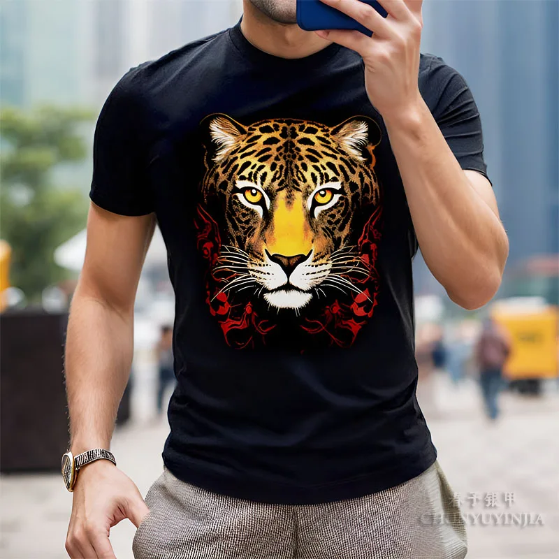 Chun yu yin jia Designer luxury brand Tiger Pattern 3D Printing Short Sleeved t-Shirt for man Black Men tee