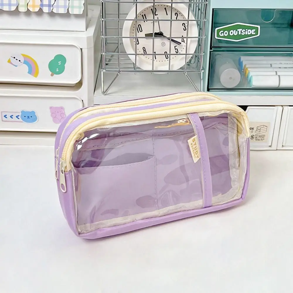 Simple Double-layer Pencil Bag Waterproof Large-capacity Transparent Pencil Bag Multifunctional Candy Color Stationery Bags