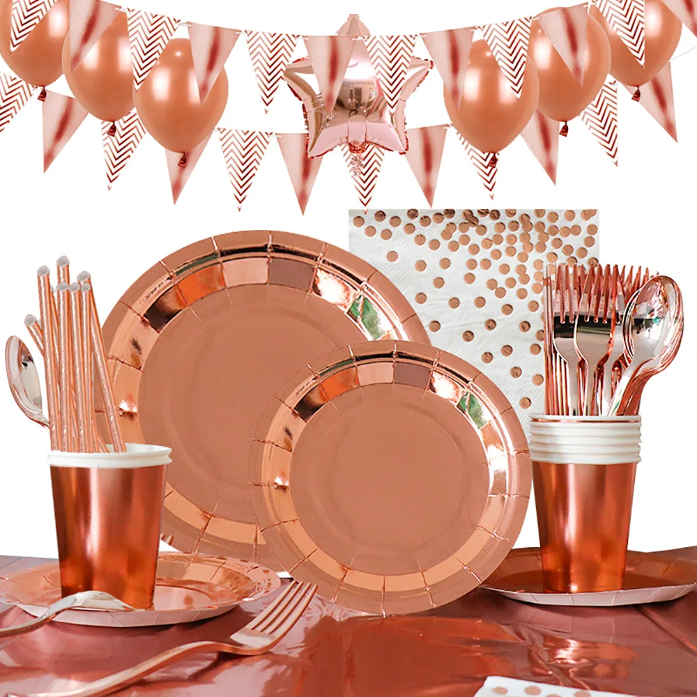 Rose Gold Party Disposable Tableware Set Paper Plate Cup for Wedding Birthday Party Decoration Baby Shower Bachelorette Party