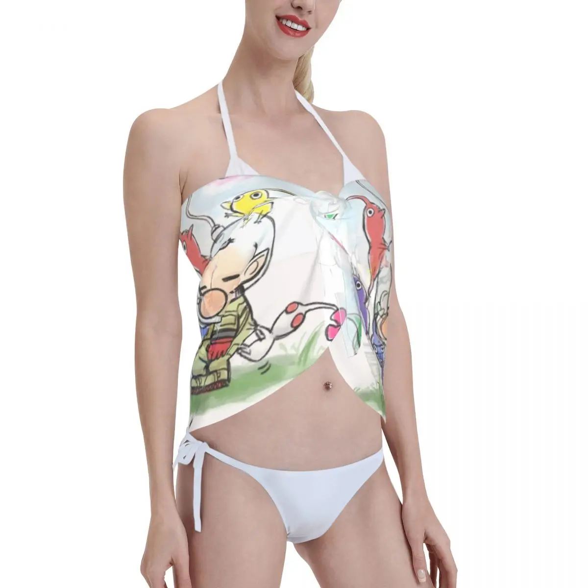Personalizado pikmins impressão desenhos animados curto sarongs maiô cover-ups impresso bikini envoltório sheer sarong praia envoltório