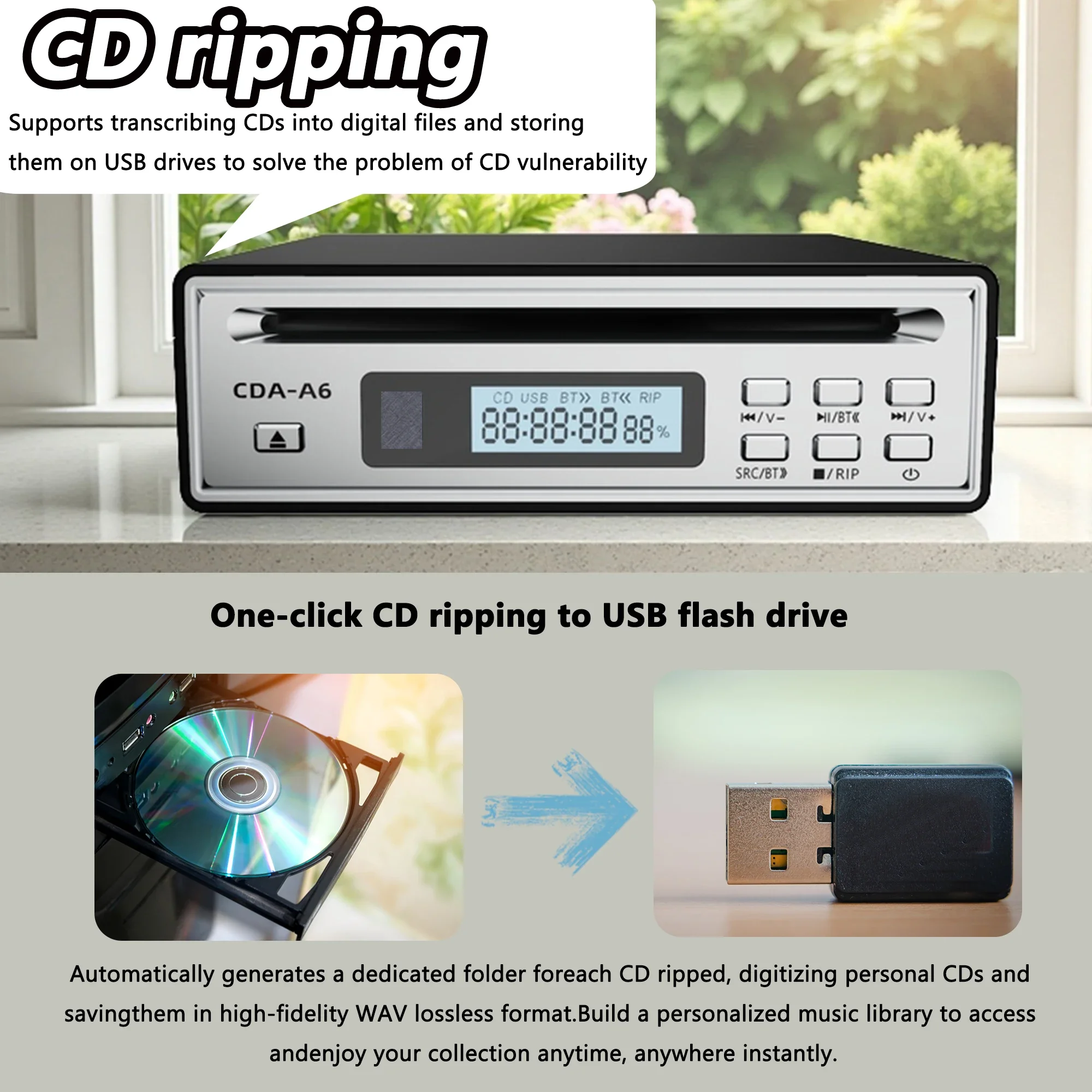 Hi-Fi CD Ripper w/One-Touch WAV Ripping, Bidirectional Bluetooth CD Player, USB Playback, Optical&AUX Output, w/Remote Control