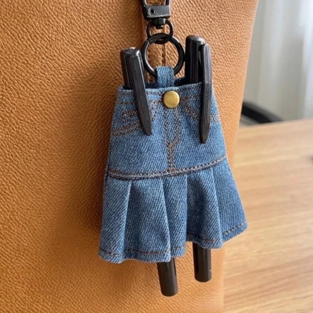 Cute Creative Mini Denim Jeans Pen Holder Denim Blue Skirt Keychain Lightweight Bag Charm Stationery Pouch Office