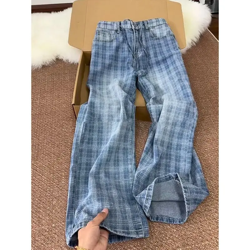 Blue Checkered Jeans Men's Summer Pants Look Slim Straight Leg Micro Flared Pants