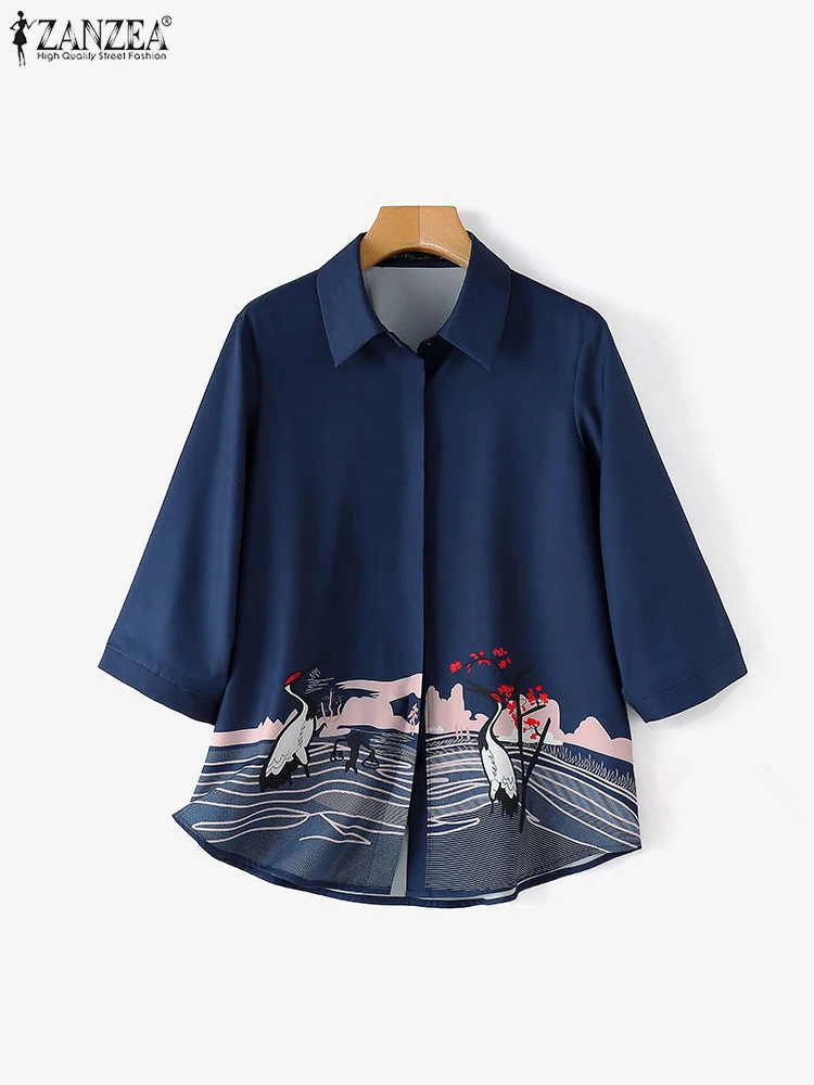 ZANZEA 2024 Women Vintage Shirts Floral Printed Fashion Blouses Casual Tunic Tops 3/4 Sleeve Lapel Collar Loose Buttons Blusas