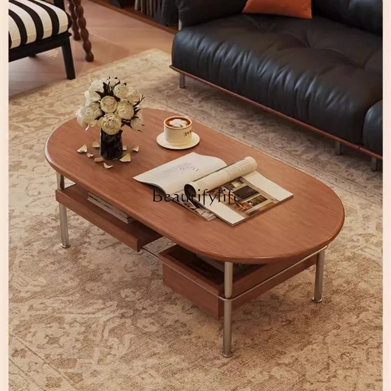 

yj19 Vintage Style Solid Wood Coffee Table Living Room Retro Style Rectangular Storage Stainless Steel Tea Table