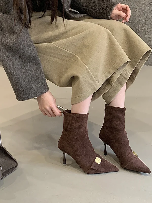 

Elastic Slimming High-End Feel! Bla Pointed Toe Metal Bule High Heel ort Boots Autumn Winter New Ba Zipper Slim Boots...