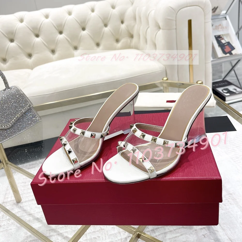 Sandal Wedges Pvc keling logam sepatu ujung runcing bening kulit domba kulit asli wanita sepatu hak seksi modis kasual wanita