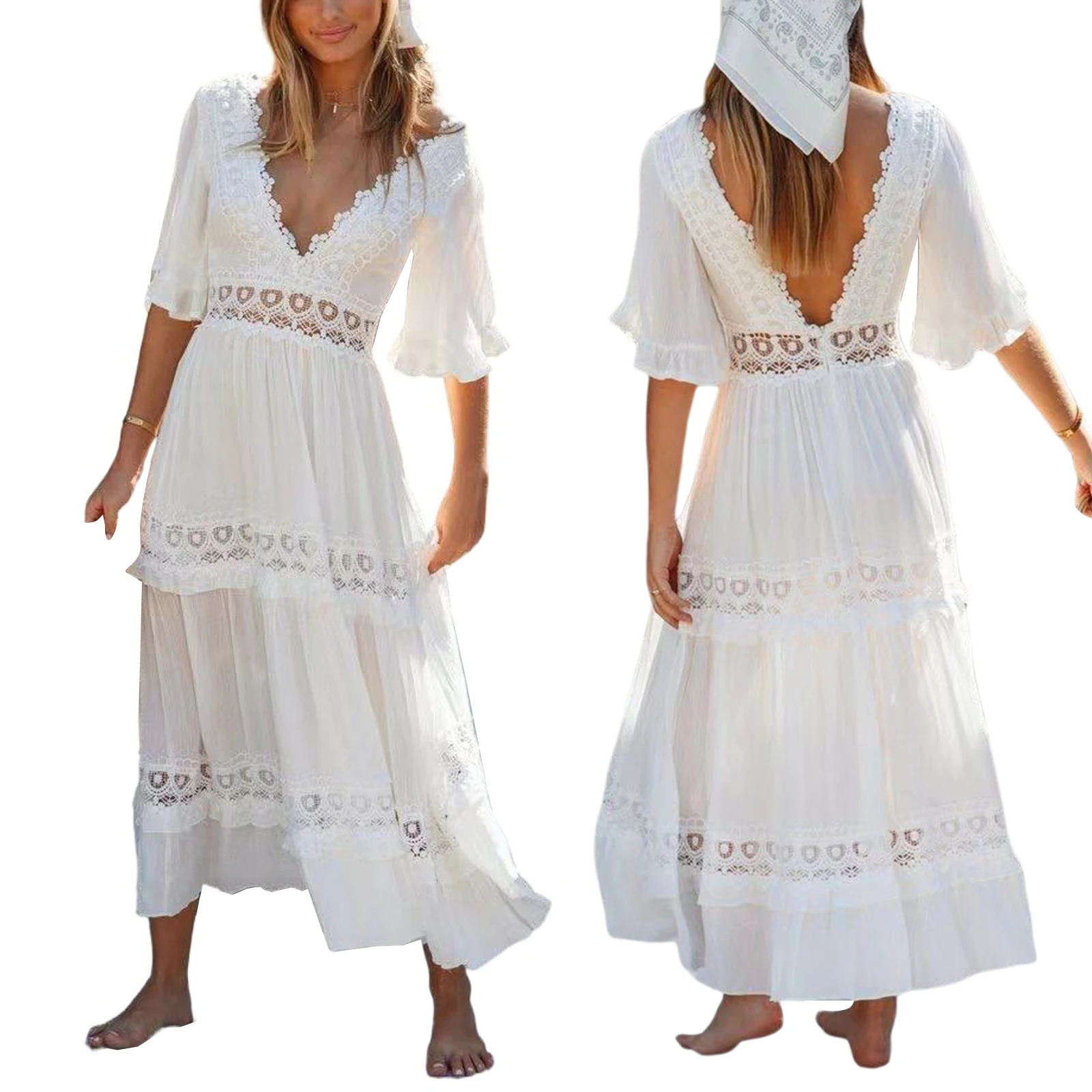 2024 New Sexy Women Fashion Lace Backless Dress Stylish Ruffle Sleeve Vacation Solid Dress for Lades Female Beach Dress