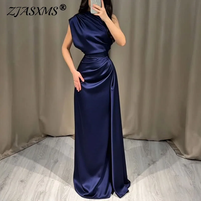 Women One Shoulder Satin Maxi Dress Draped Ruched Waist Split Floor Length Gown Elegant Guest Bridesmaid Formal Prom Party Dress