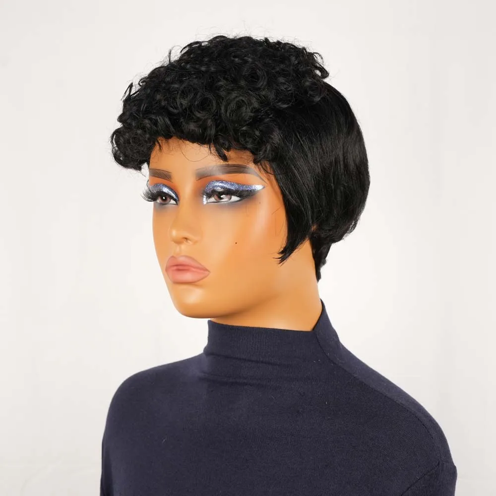 흑인 여성용 짧은 곱슬 픽시컷 인모 가발, 레이어드 브라질리언 레미 헤어, 기계 제작 블랙 컬러 가발 (일상용)