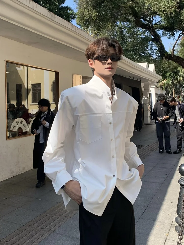 

Korean Style Shoulder Pad Shirt Long Sleeve Stand Collar Men Women High Level Sensation Pure Color Shirt Youth Popular Loose Fit
