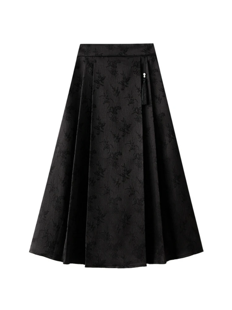 2024 New Women's Solid Color Jacquard National Skirt Mid Length Rib Knit Skirts for Women Midi Skirts with Pockets Body Skirt