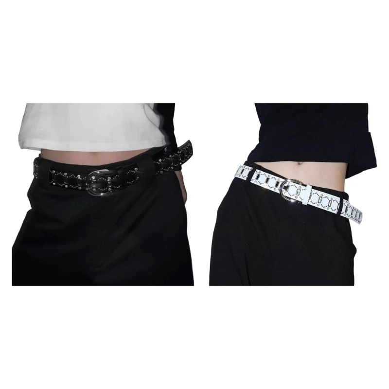 

X5XA Sparkling Rivets Decorated Waist Belt Pin Buckles Design Adjustable Waist Strap