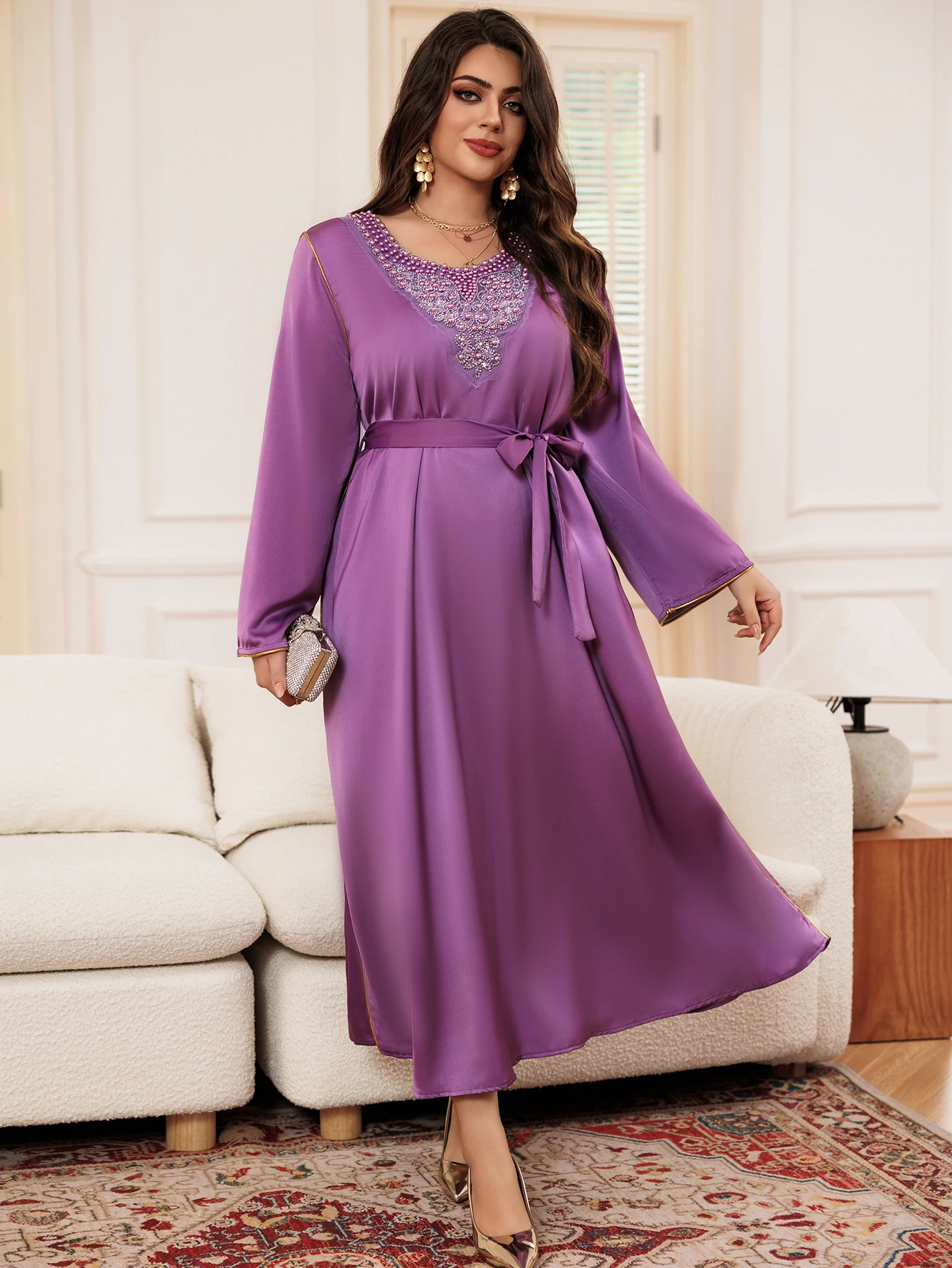 Women\'s Dress Purple Long Sleeve Beaded Patchwork Including Belt Resort Style Middle East Plus Size Arab Gilded Muslims Simple