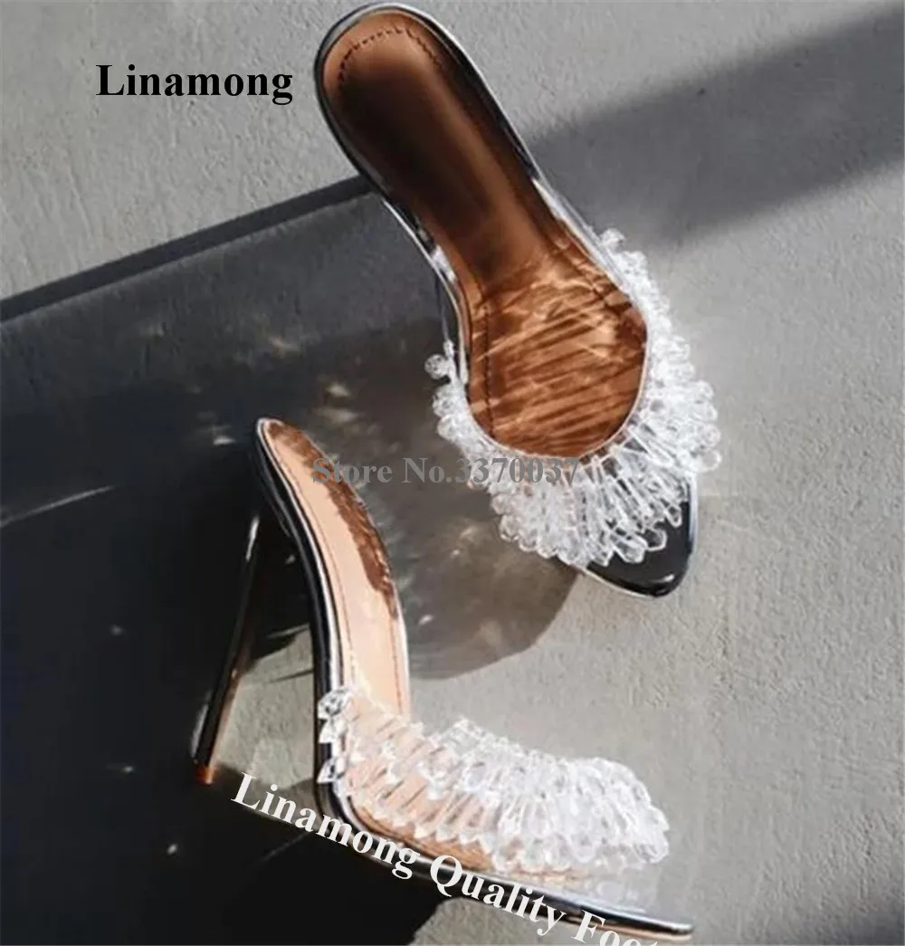 

Linamong Bling Bling Clear Crystals PVC Stiletto Heel Slippers Peep Toe Transparent Slip-on Wedding Sandals Big Size Heels