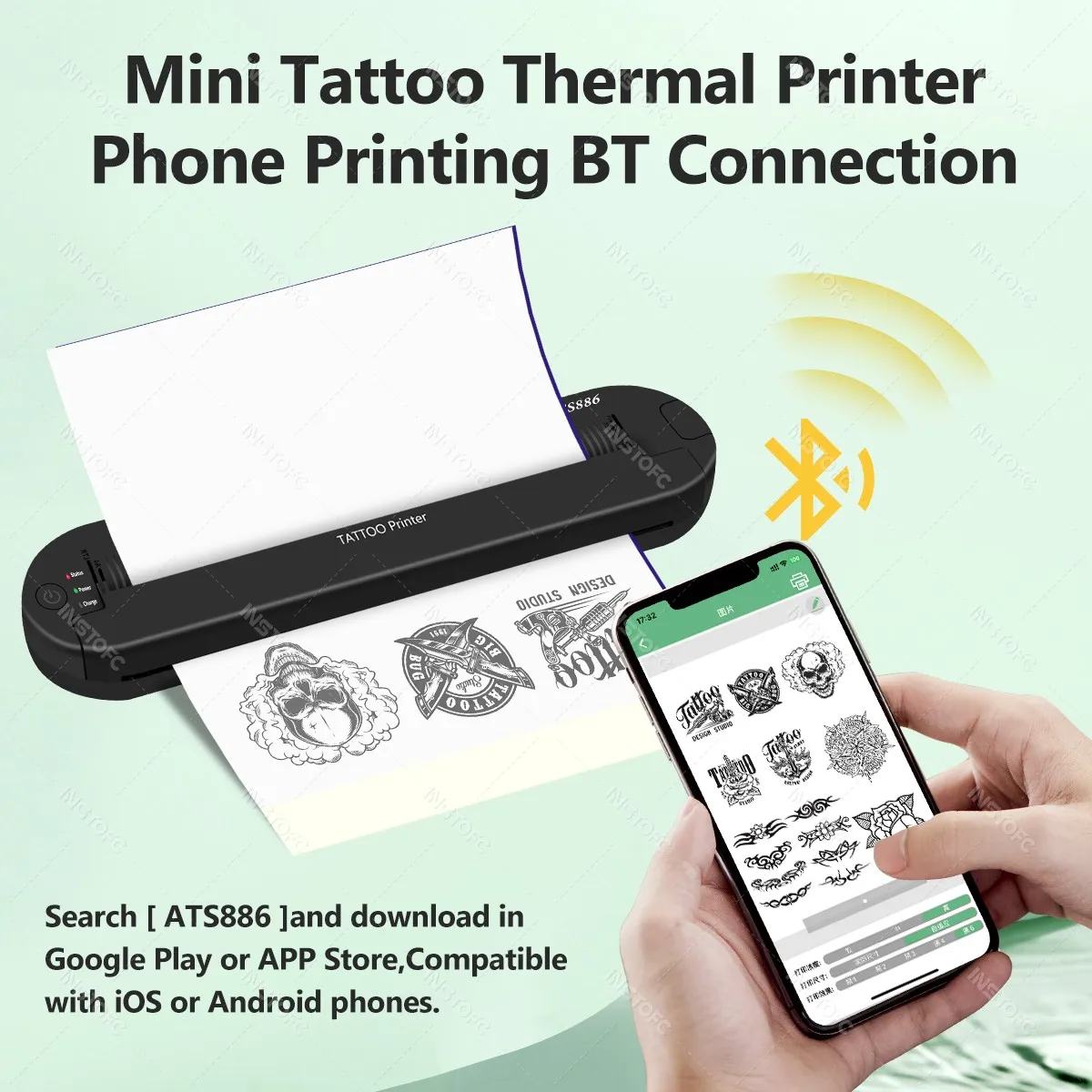 Inkless Portable A4 Thermal Tattoo Transfer Printer Bluetooth Tattoo Template Maker HD Printing Free App ATS886