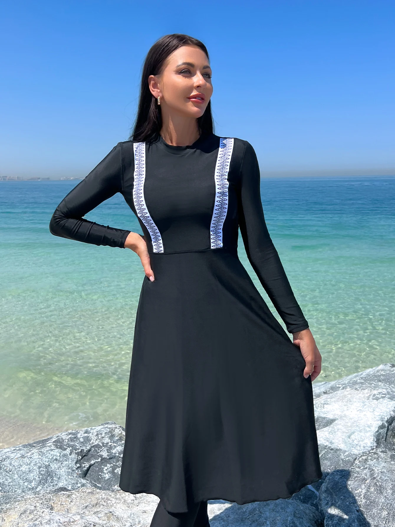 2pcs Muslim Burkini Modest swimsuit  with Black Long Sleeved Dress All Covered Retro Women Swimwear Beach swimsuit SPF50+