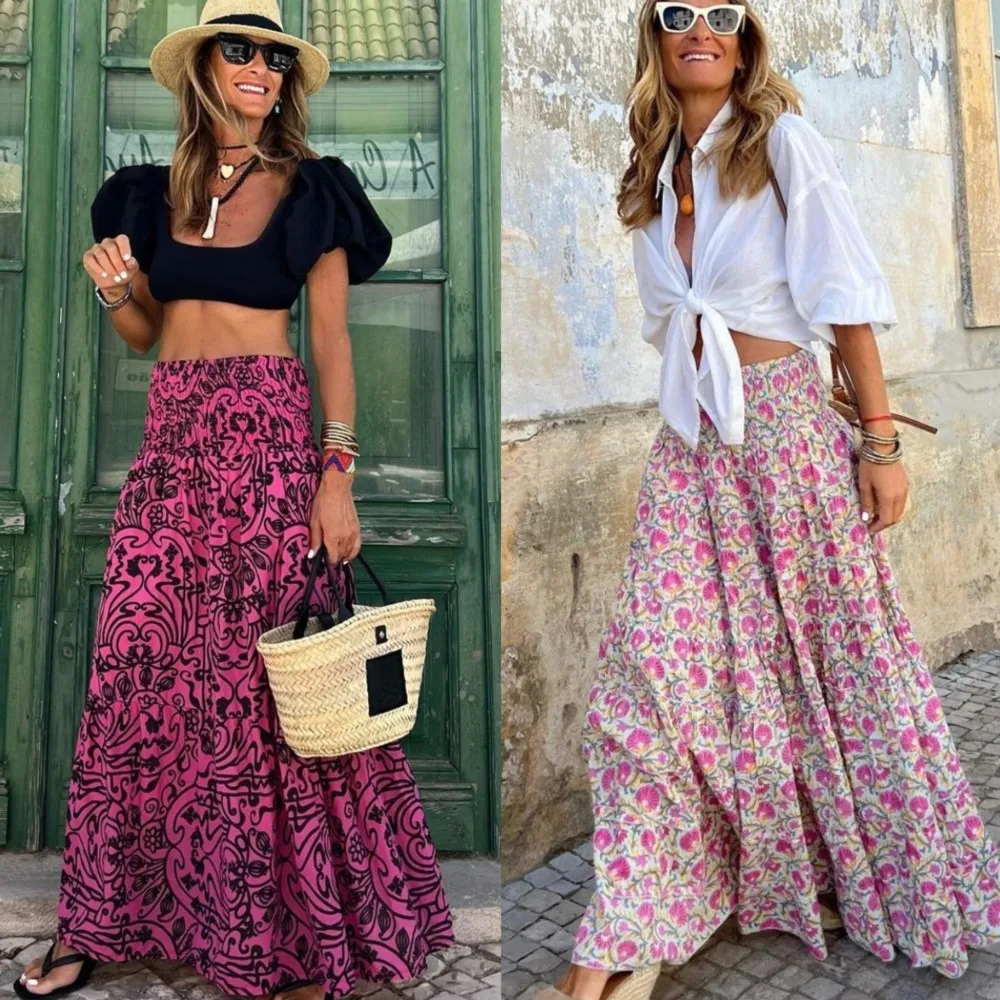 

Летняя длинная юбка трапециевидной формы с высокой талией и принтом, женская повседневная пляжная юбка Faldas, женские праздничные макси-юбки с эластичной резинкой на талии в стиле бохо