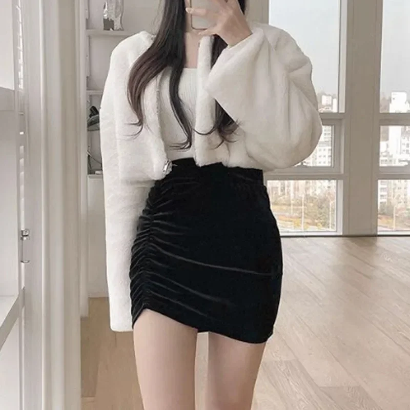 Temperament casual velvet high waist skirt women 2024 fashion solid color sexy spice girls skirt