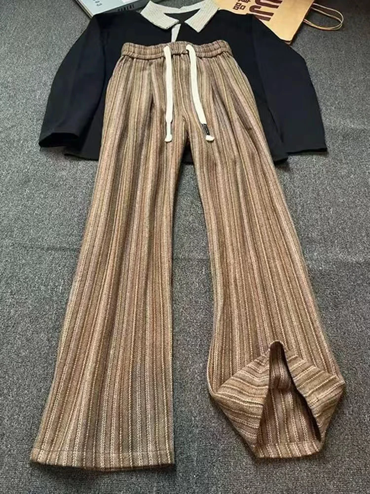 

Retro American Knitted Woolen Trousers Men's Autumn Drape Stripe Wide Leg Straight Casual Pants Youth Faion Trend Brand