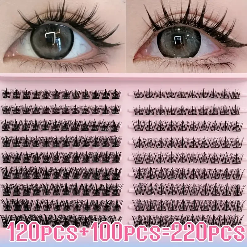 Rosa, extra große Kapazität, 220 Cluster, künstliche Wimpern, 10–16 mm, C-Curl, weiche und flauschige Wimpern mit realistischem, segmentiertem Design.