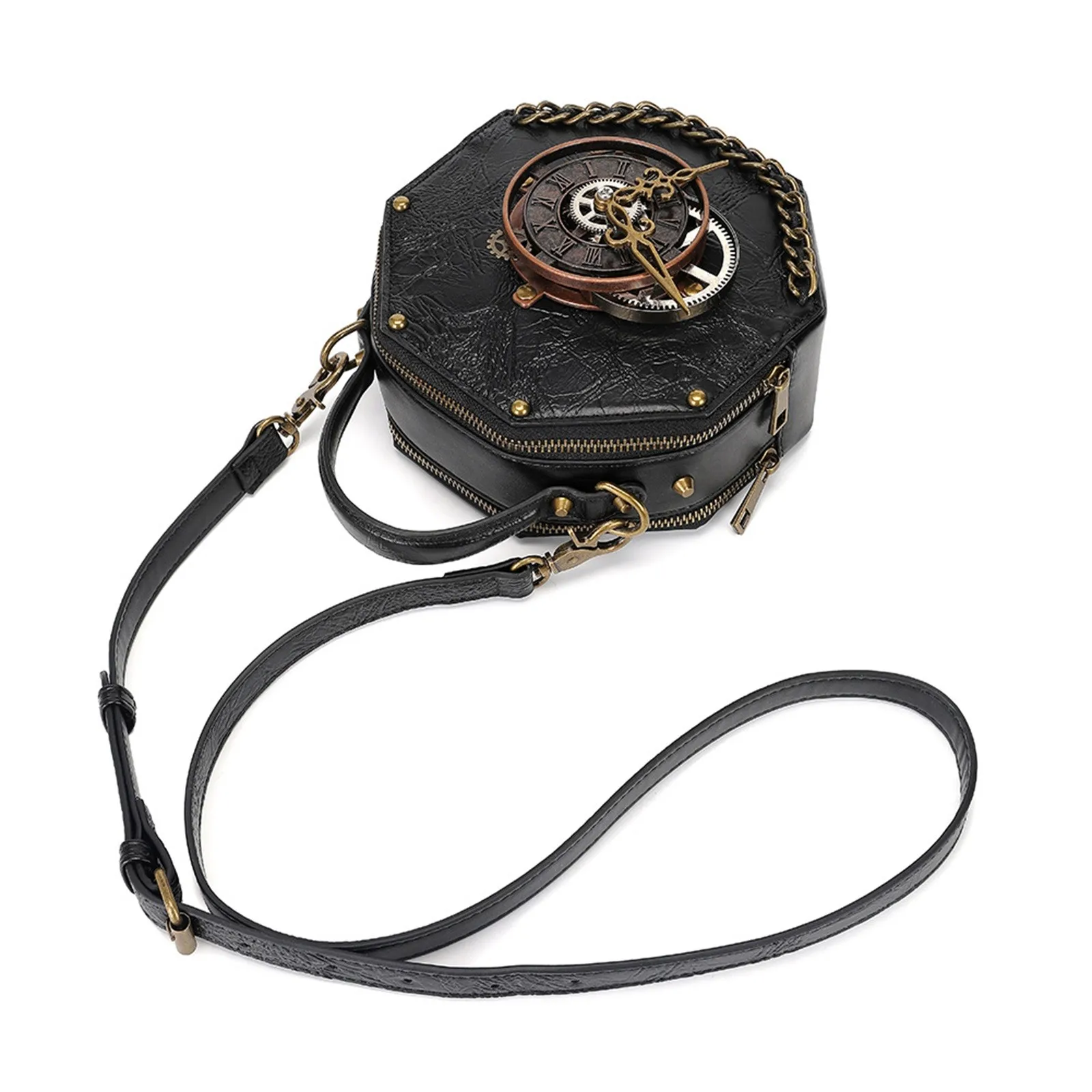 New Gothic Leather Clock Bag Steampunk Shoulder Bags Vintage Women Handbags Messenger Crossbody Bag Ladies Rivet Top-Handle Bags