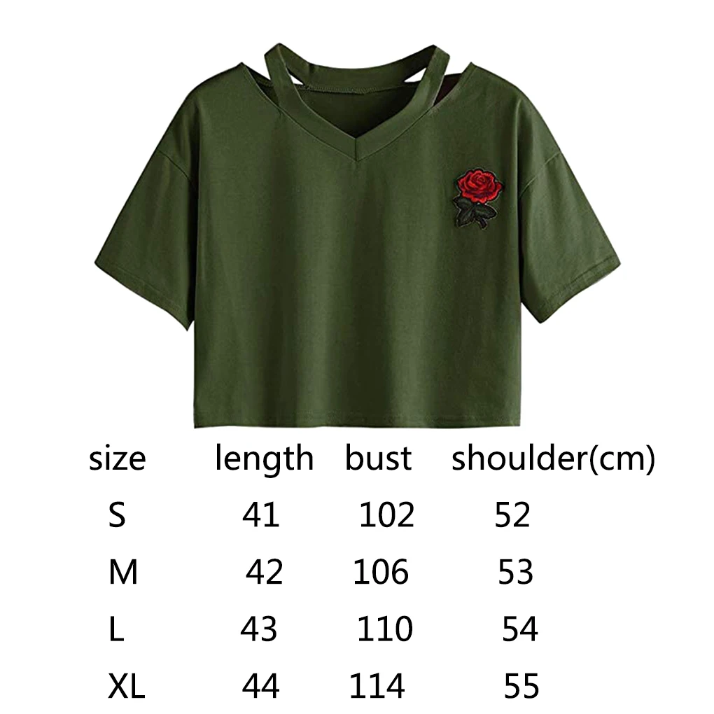 Dames sexy V-hals geborduurd roos kort T-shirt dames top meisjes blouse